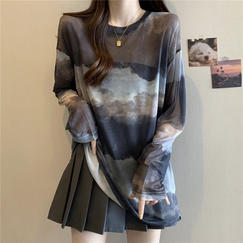 Thin Ice Silk Long-Sleeved Sun Protection Blouse for Women in Summer, Plus Size, Loose and Slimming, Mid-Length Tie-Dye Mesh Top