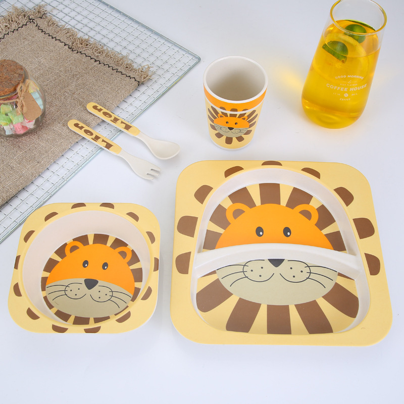 Bamboo Fiber Children's Tableware Set Creative Cartoon Bowl Split Dinner Plate Spoon Fork Cup Five-piece Set Gift Tableware