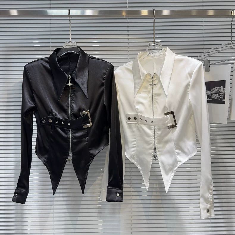 2025秋季新款暗黑辣妹金属扣腰带装饰醋酸缎面衬衫衬衣女