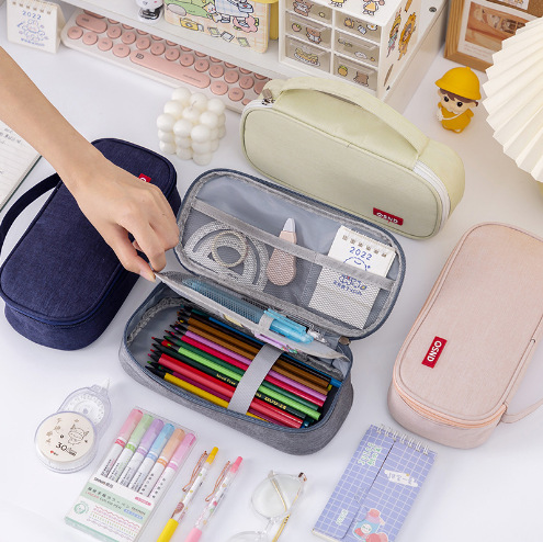 Estilo coreano simple portátil de doble capa de gran capacidad caja de lápices de tela Oxford color sólido estudiante de papelería de almacenamiento caja de lápices bolsa