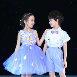 新款六一儿童节演出服装女童蓬蓬裙男童背带裤合唱服幼儿园表演服