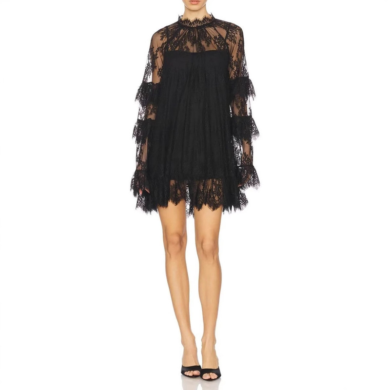 Fashion Ladies Transparent Sexy See-Through Solid Color Long Sleeve Half-High Collar Floral Short Dress Fashion Ladies Transparent Sexy See-Through Solid Color Long Sleeve Half-High Collar Floral Short Dress