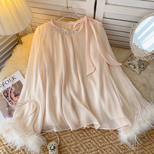 名媛小香风衬衫女秋季新款高级感毛毛袖宽松镶钻圆领绑带雪纺上衣