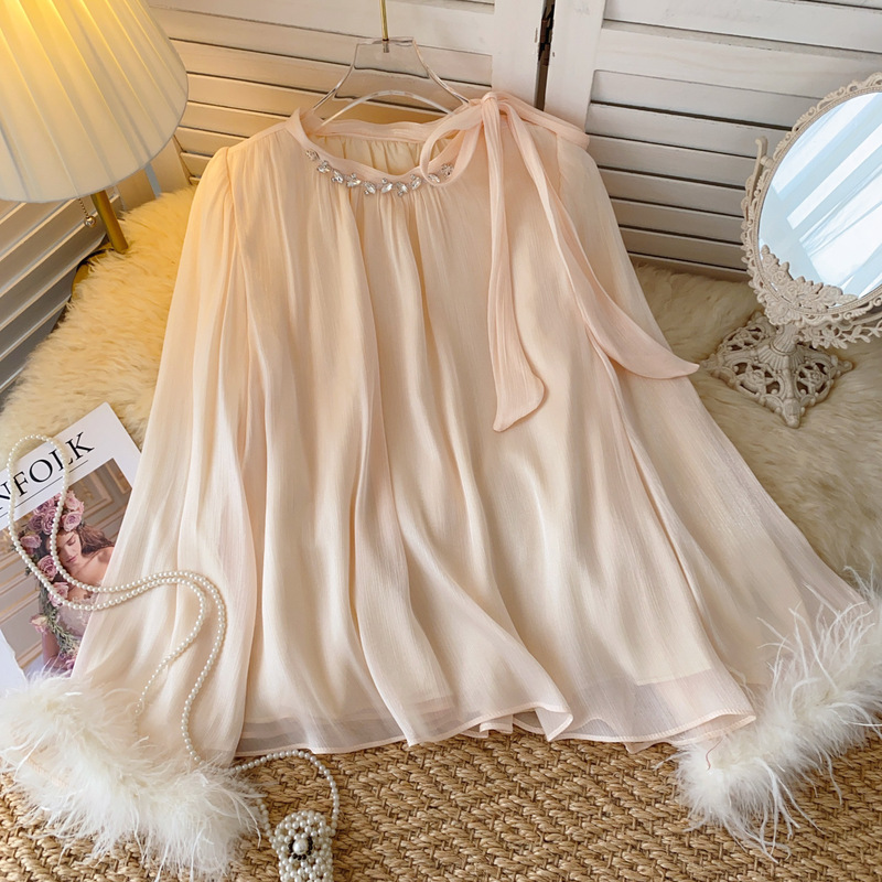Socialite Chanel Style Shirt Women's Autumn New High-end Woolen Sleeve Loose Diamond Crewneck Strap Chiffon Top