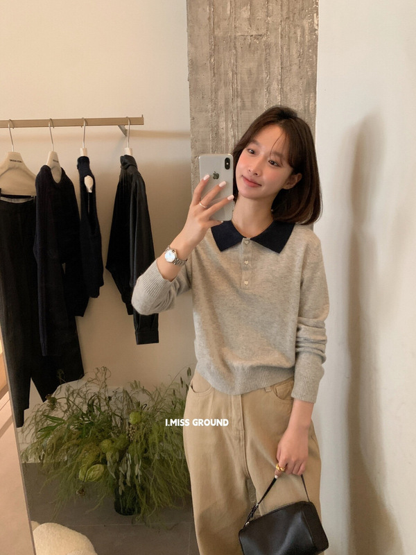 imiss 档口爆款！Polo领简约通勤百搭拼色慵懒风休闲女上衣针织衫|undefined