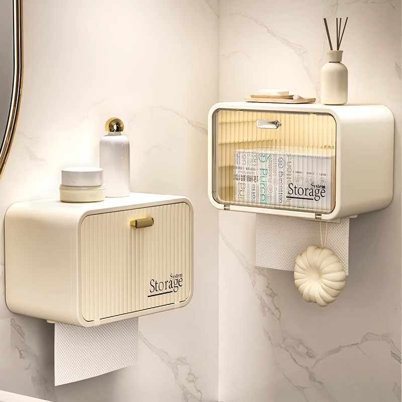 Caja de pañuelos de baño montado en la pared Toalla de cara sin perforaciones caja de almacenamiento dos en uno baño estante de almacenamiento de papel en rollo impermeable