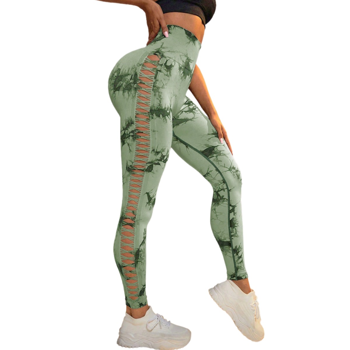 Cross-border lateral agujero atado teñido pantalon sin costuras de cintura alta pantalones ajustados pantalones deportivos leggings