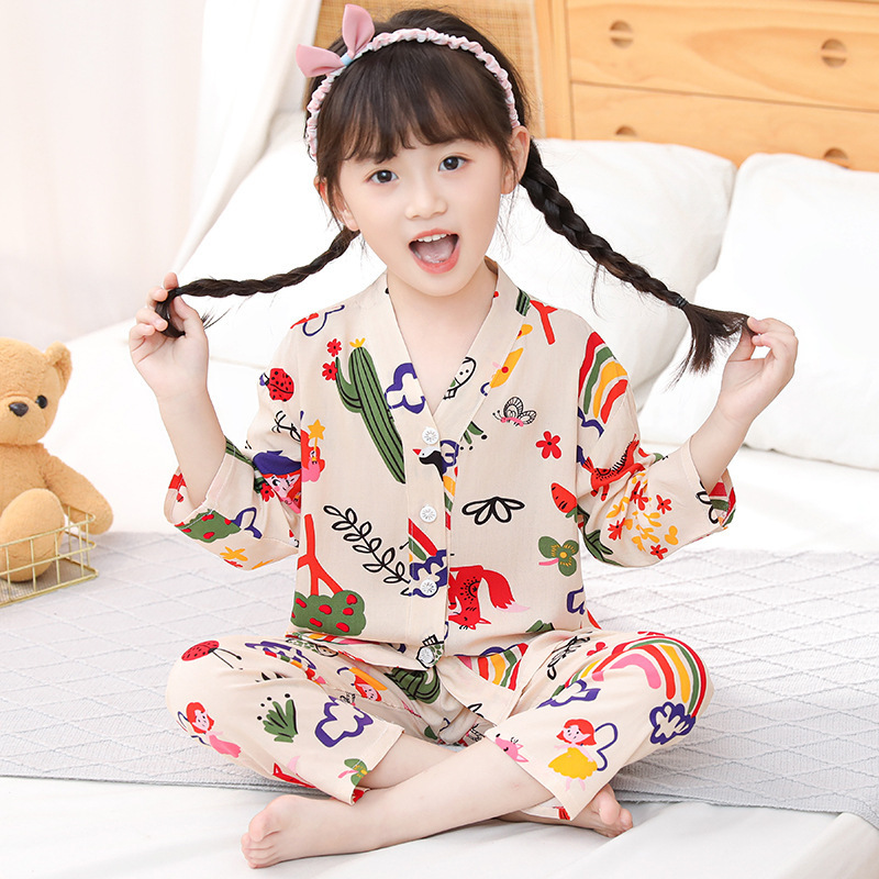 Children's Pajamas Cotton Silk suit Summer Cardigan for Boys and Girls Korean Style Cotton Silk Air-conditioning Clothing for Middle and Large Children's Home Clothes Thin