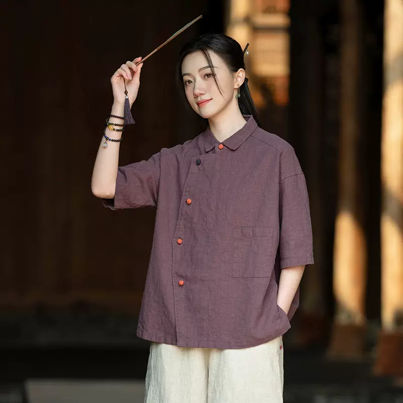 25夏季新款苎麻砂洗文艺翻领斜襟撞色盘扣上衣短袖女式棉麻衬衫