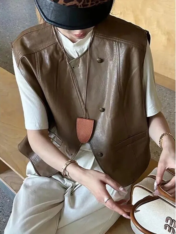 复古PU皮马甲女外穿秋季新款安可拉红无袖坎肩皮马夹外套女A6422|undefined