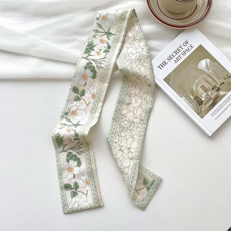 Bufandas de seda delgadas y largas para mujeres primavera y verano multifuncional bolsas de pelo atadas de pañuelo decorado correa de pelo tocado de correa