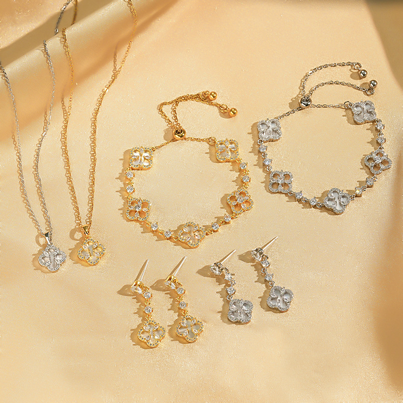 真金电镀四叶草项链女耳钉手链首饰套装镶嵌天然贝壳满钻轻奢饰品