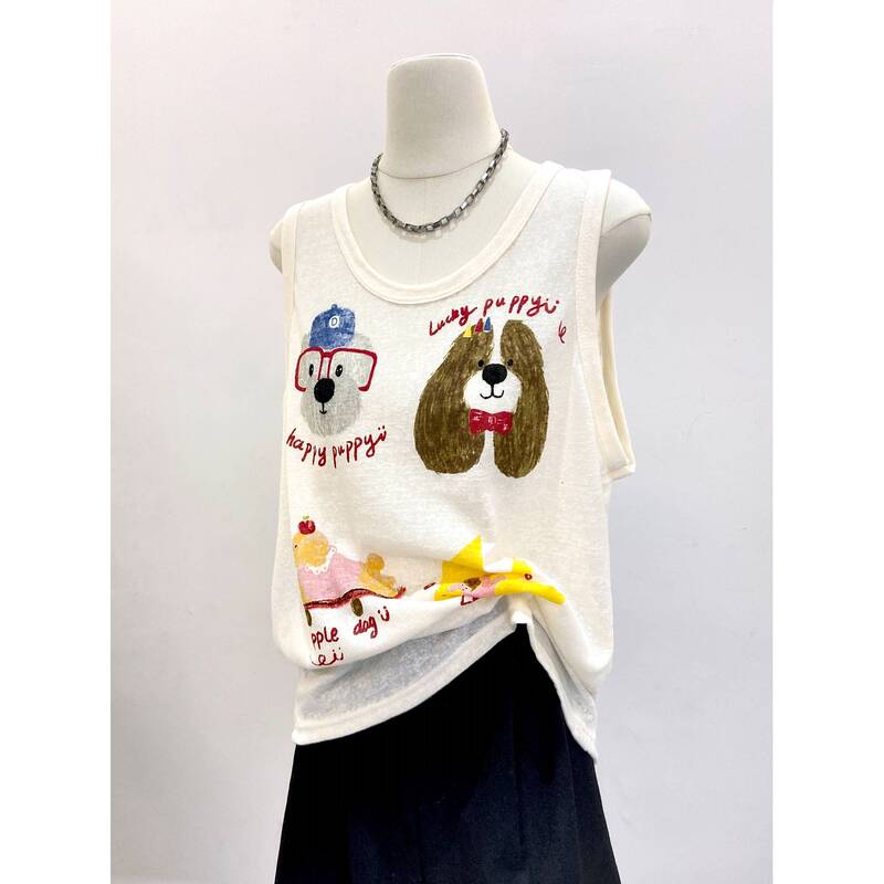 Thin Slightly See-Through U-Neck Racer Vest for Women in Summer with Wide Shoulder Straps, Slim Outer Wear, Fun Age-Reducing Printed Loose Top