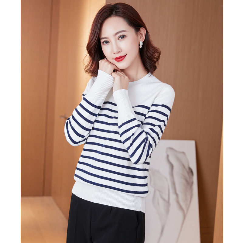 22 autumn and winter New Korean fashion versatile wool navy style striped round neck long sleeve sweater base sweater women