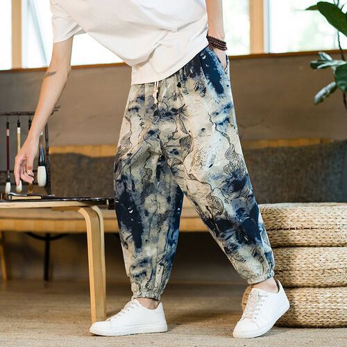 Chinese-style wide-leg pants for men, cotton-linen radish pants, loose casual large size lantern pants, ethnic style floral pants, drawstring pants