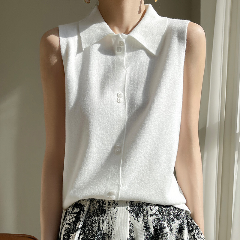 2024 New Polo Collar Sleeveless Fine Wool Vest, Perfect for Layering as an Inner Layer, Solid Color Turn-Down Collar Thin Cardigan