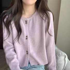 配裙子小个子温柔甜美风短款花边圆领长袖针织衫毛衣开衫外套外穿