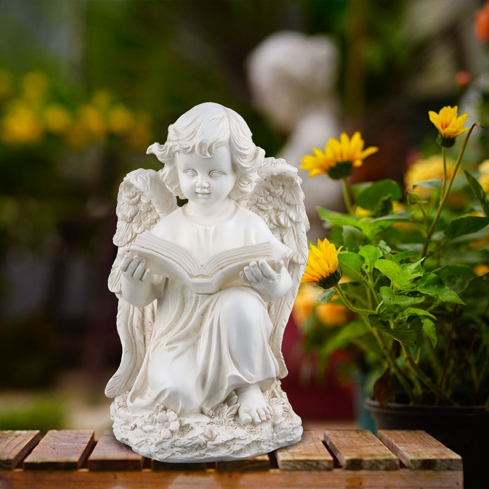   creative solar reading angel ornaments courtyard outdoor statue decorative resin crafts 