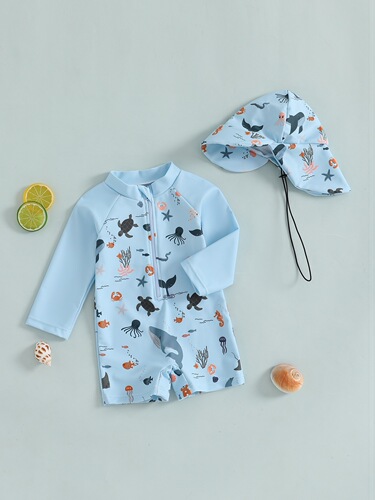 Kids Long Boys Sleeve Swimwear Casual Marine Animal Print