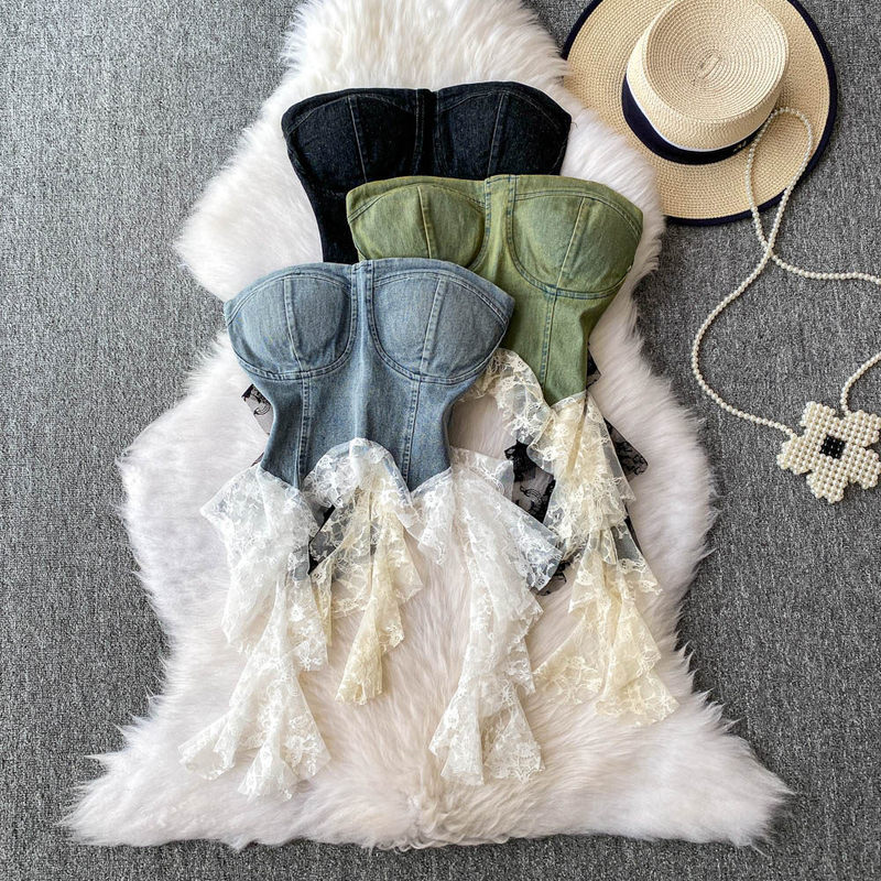 American-Style Spicy Girl One-Shoulder Strap Padded Bustier Denim Tank Top for Women, New Lace Patchwork Slim-Fit Short Top American-Style Spicy Girl One-Shoulder Strap Padded Bustier Denim Tank Top for Women, New Lace Patchwork Slim-Fit Short Top
