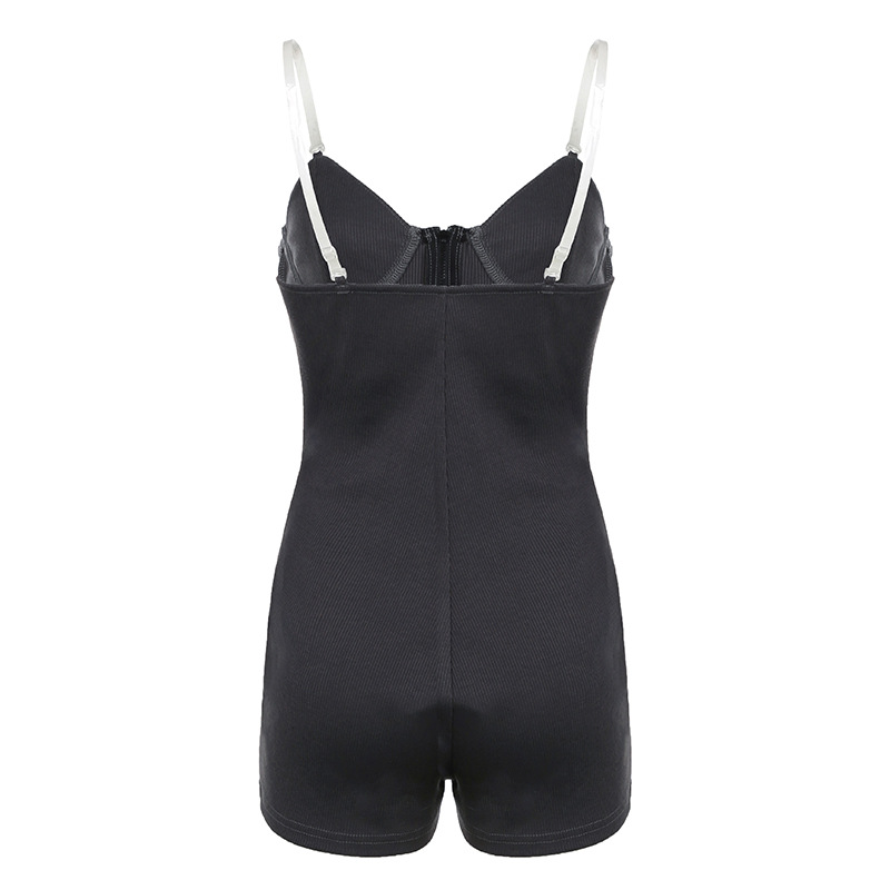 Women Tube Top See through Bra Straps Distressed Rib Sexy Jumpsuit Personality Suspender Shorts