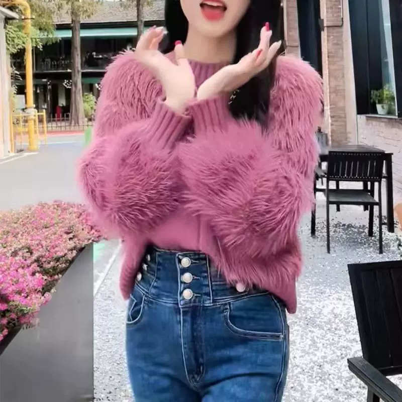 短款设计感水貂绒毛衣女套头圆领宽松韩版毛绒绒针织衫洋气秋冬厚