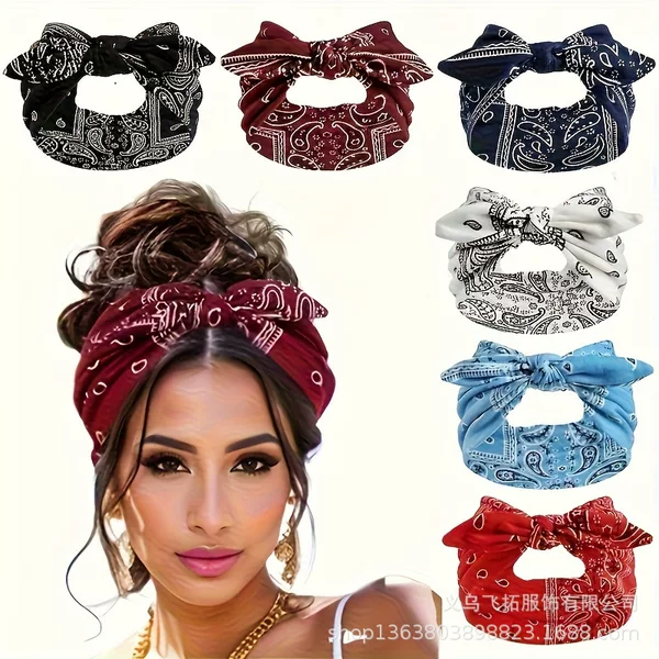 New cross-border rabbit ear knotted elastic headband with paisley pattern, stretchy headband, women's accessories wholesale