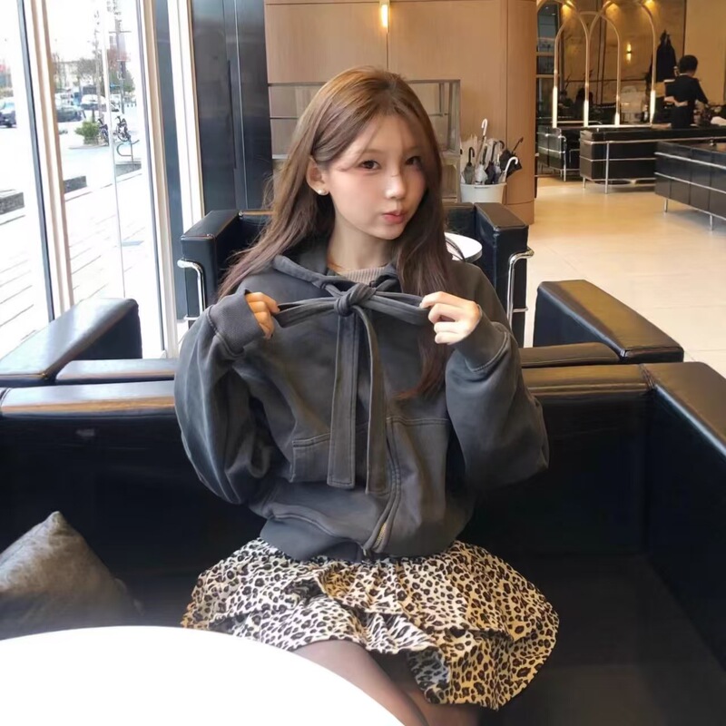 Korean Niche Brand Vest*Ya Blogger's Same Style Tie-Bow Hooded Zip-Up Casual Loose Sweatshirt Jacket for Women Korean Niche Brand Vest*Ya Blogger's Same Style Tie-Bow Hooded Zip-Up Casual Loose Sweatshirt Jacket for Women