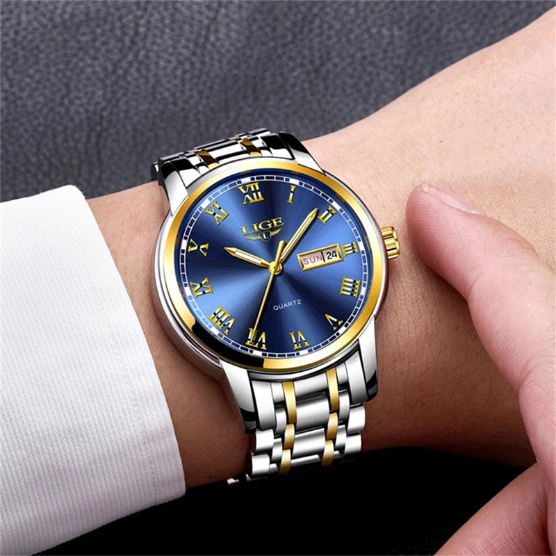 LIGE 9846-Semana banda de acero disco reloj de negocios elegante personalidad calendario hombres reloj casual transfronterizo