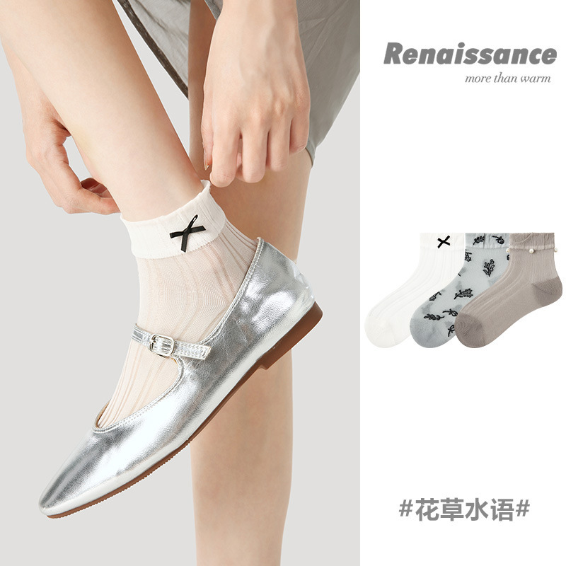 Renaissance bow socks children's summer thin fungus lace gray miu ballet wind cotton socks Renaissance bow socks children's summer thin fungus lace gray miu ballet wind cotton socks