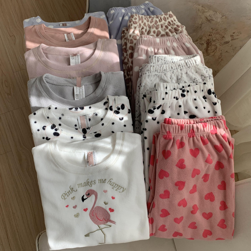 Worth buying two or three sets! The whole order Europe! Autumn and winter polar fleece round neck pajamas pajama pants suit home wear Women