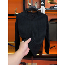 小香风条纹长袖t恤男秋季美式肌理感V领卫衣正肩内搭打底衫