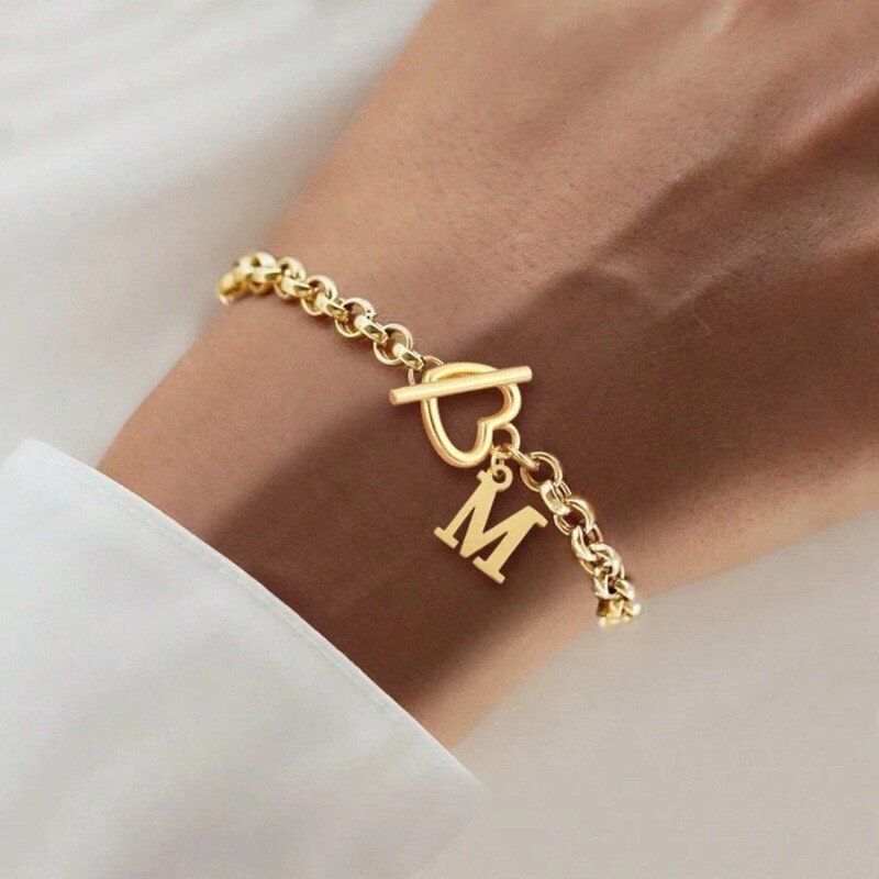 Foreign Trade Autumn New Stainless Steel Initial Letter Heart Clasp Bracelet Heart-Shaped Jewelry 26 Cross-Border Jewelry Wholesale