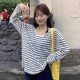 防晒罩衫女秋冬ootd穿搭2025新款长袖T恤宽松条纹斜肩上衣两件套