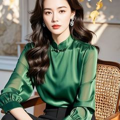 2025中式国风立领盘扣上衣气质新款绝美绿色长袖缎面衬衫