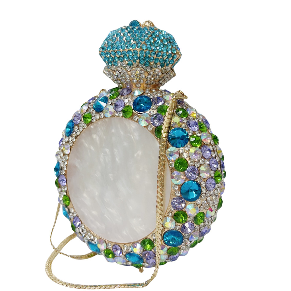 Túi clutch nữ đính đá hình vỏ sò tròn, đựng nước hoa, cầm tay dạ hội — Đế vàng/màu tím xanh, hồng, sâm panh, Bạc AB chi tiết 4