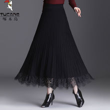 包芯纱针织半身裙年秋冬季新款蕾丝拼接毛线字裙