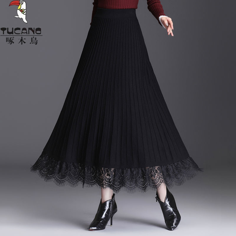 包芯纱针织半身裙年秋冬季新款蕾丝拼接毛线字裙