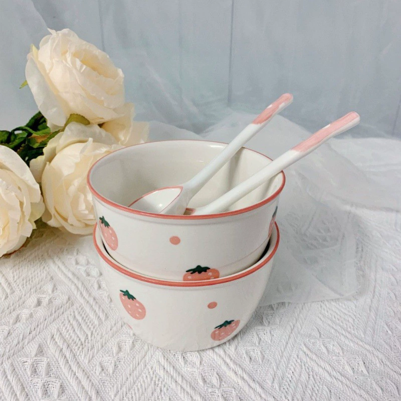 Ceramic tableware set, polka-dot strawberry pattern with cute handle, multi-piece options