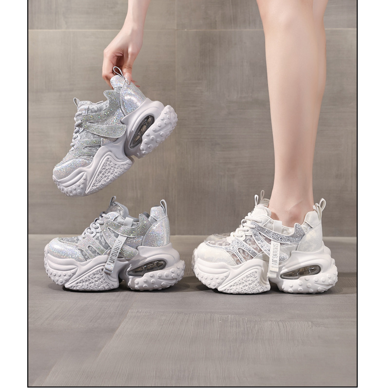 Giày sneaker nữ đế dày lưới thoáng khí đính đá pha lê — màu trắng chi tiết 17
