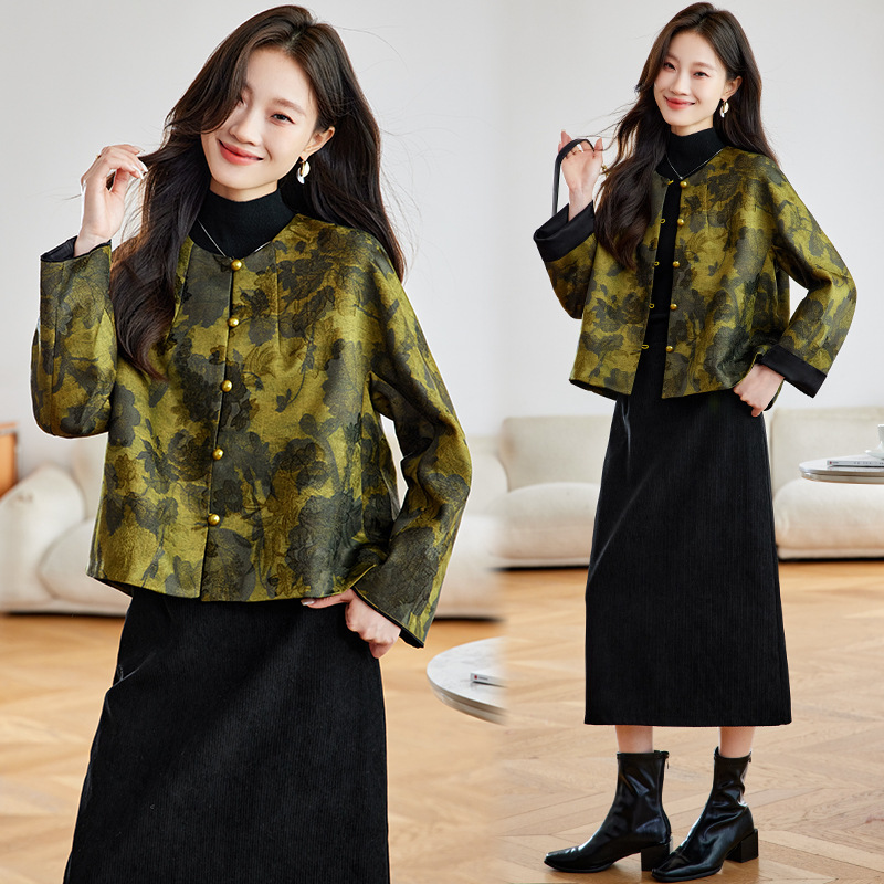 2026 Spring/Winter Song Brocade Jacquard Round Neck Raglan Sleeve Single-Breasted Loose Fit Real Pocket Jacket