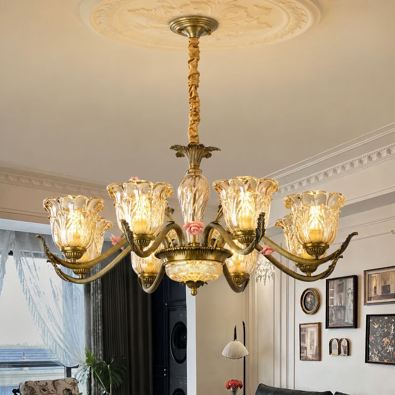 All-Copper Ceramic American Retro Restaurant Chandelier, French Mid-Century Style, Romantic and Elegant Floral Design, Exquisite Flower-Shaped Tea Room Bar Lamp