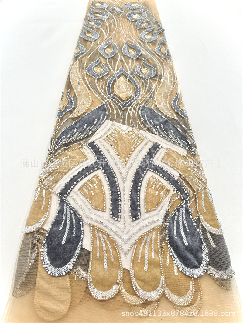 Lujo ligero vestido de boda de alta fijación cena de moda tela bordada de perlas nueva tela bordada de perlas fibrillado láser