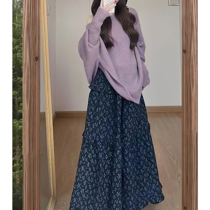 温柔风一整套早秋盐系轻熟斜肩毛衣针织衫碎花气质半身裙两件套潮|undefined
