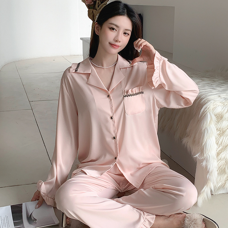 아이스 실크 잠옷 여성용 여름 긴팔 실크 얇은 2 피스 세트 의상 플러스 사이즈 시원한 봄과 가을 홈 의류