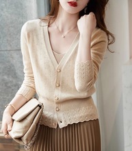 清仓捡漏奥特莱斯品牌外贸羊绒开衫薄外套女领修身针织外搭毛衣