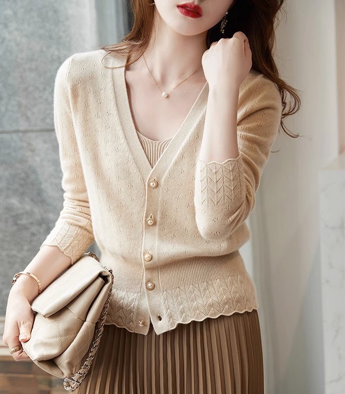 清仓捡漏奥特莱斯品牌外贸羊绒开衫薄外套女领修身针织外搭毛衣