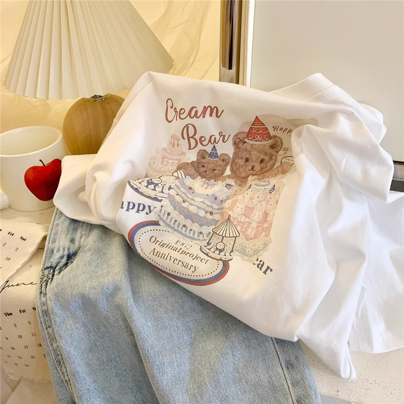 Ins Cake Bear Print Short-Sleeved Cream-Colored T-Shirt for Women Spring and Summer Loose-Fitting Casual and Stylish Shirt Top Trendy Ins Cake Bear Print Short-Sleeved Cream-Colored T-Shirt for Women Spring and Summer Loose-Fitting Casual and Stylish Shirt Top Trendy