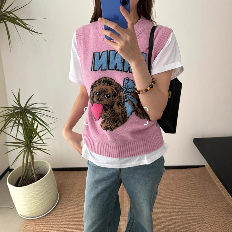 Real Wool! 25 Autumn and Winter New Heart-Shaped Paparazzi Pattern Round Neck Loose Wool Blend Pullover Vest for Women