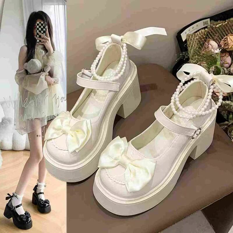 Mary Jane Women's Shoes 2024 Summer New Princess Style Thick Heel Lefu Shoes with Skirt Bow Beaded Leather Shoes Mary Jane Women's Shoes 2024 Summer New Princess Style Thick Heel Lefu Shoes with Skirt Bow Beaded Leather Shoes